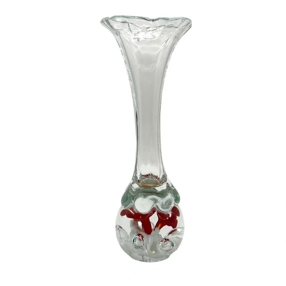 Vintage St. Clair Hand Blown Art Glass Red Tulip White Floral Vase Collectible
